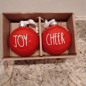 Rae Dunn JOY, CHEER, 4” Christmas ORNAMENT Large Set of 2, Red color